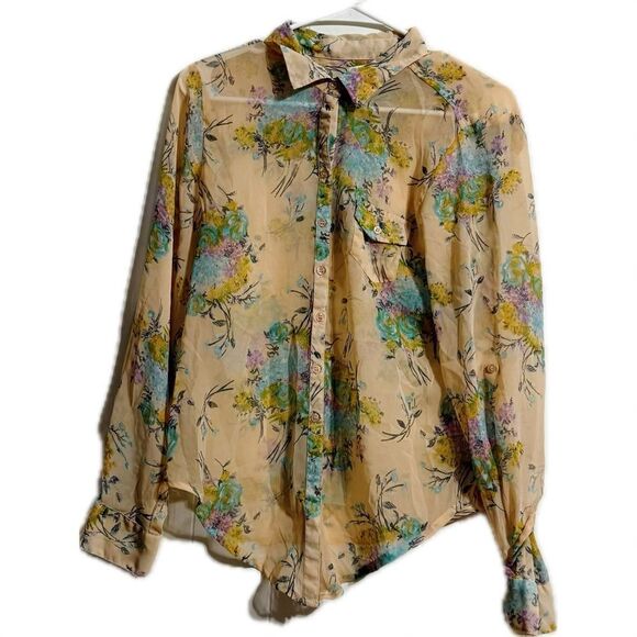Love Fire Tan Button Down Shirt with Puff Sleeves - Picture 1 of 4